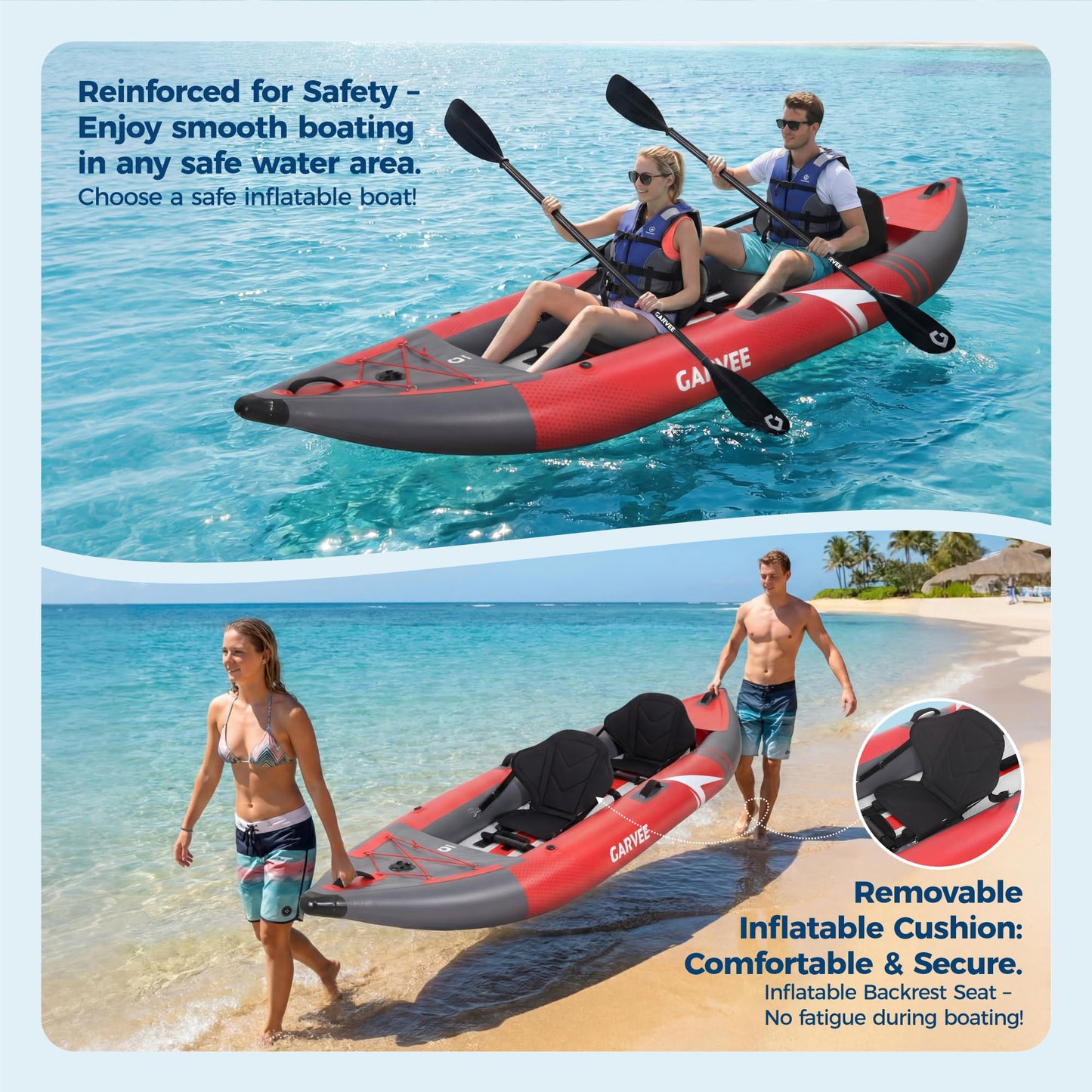 Portable Inflatable Kayak, 2 Person Tandem Recreational Kayak, Kayak Set for Adults and Kids with Paddle, Seat, Pedal, Hand Pump and Bag, Red and Grey Fishing & Touring Kayaks for Beginners