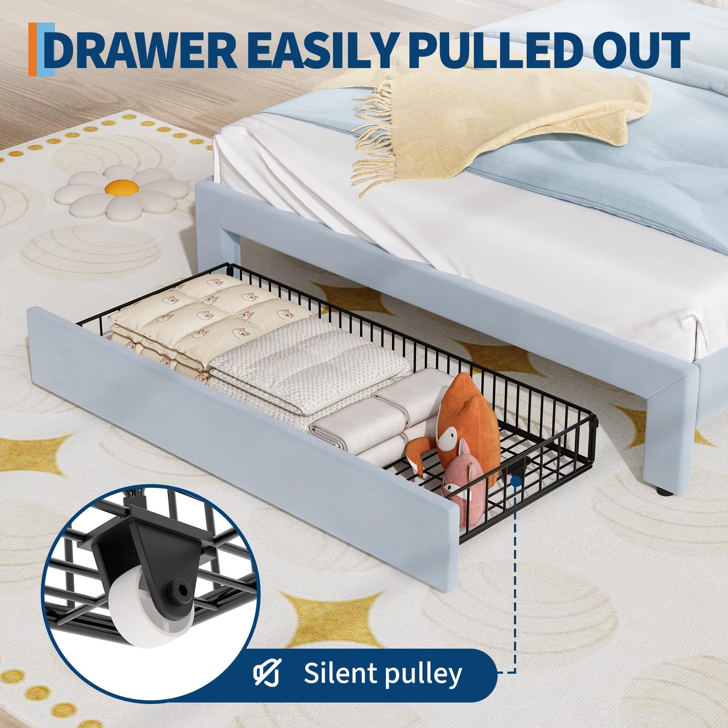 Garvee Full Size Bed Frame with Storage Drawer and Cat Headboard, Platform Bed Frame with RGB LED Lights, Strong Wood Slats Support, Noise Free, No Box Spring Needed, Easy Assembly, Blue and White