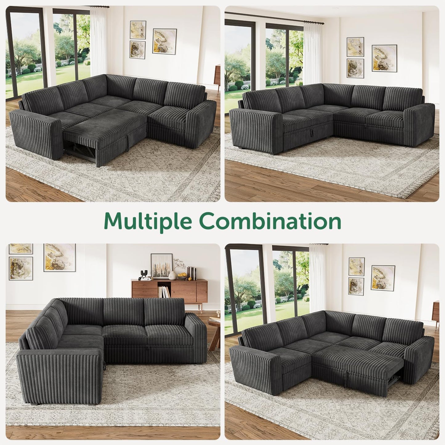 HONBAY Modular Sectional Sleeper Sofa with Pull Out Bed,Corduroy L Shaped Couch with Storage, Sectional Couches for Living Room,Dark Grey