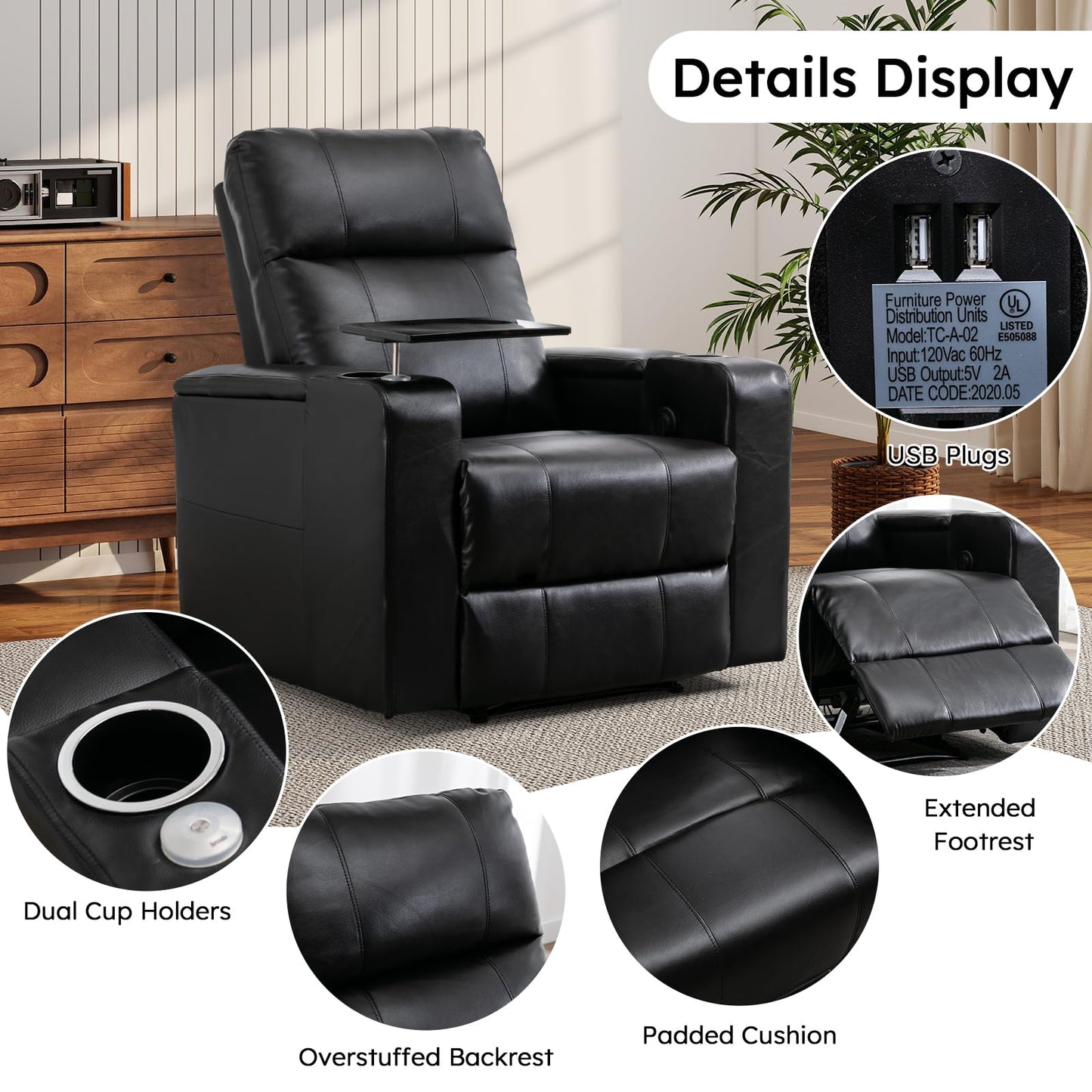 ANJ Home Theater Seating Power Recliner with Hidden Arm Storage, Sigle Faux Leather Recliners with Tray Table, Electric Movie Reclining Chairs with USB Ports & Cup Holders for Media Room, Black