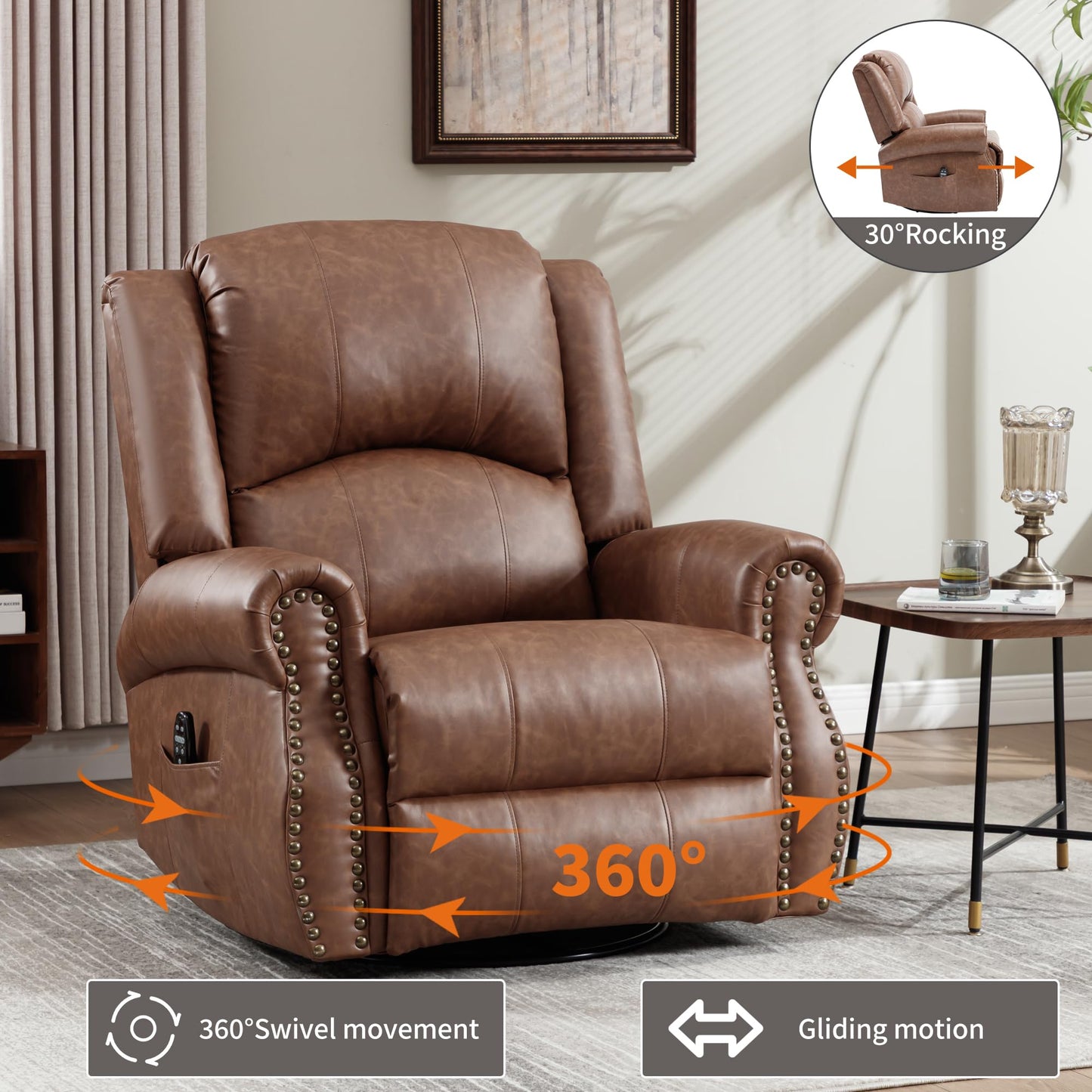 GDFStudio Heat Massage Swivel Rocker Recliner Chair, Manual Fabric Recliner with 360° Swivel, Rocking Function, Lumbar Heat and 8-Point Massage, Overstuffed Living Room Reclining Chair, Yellow Brown