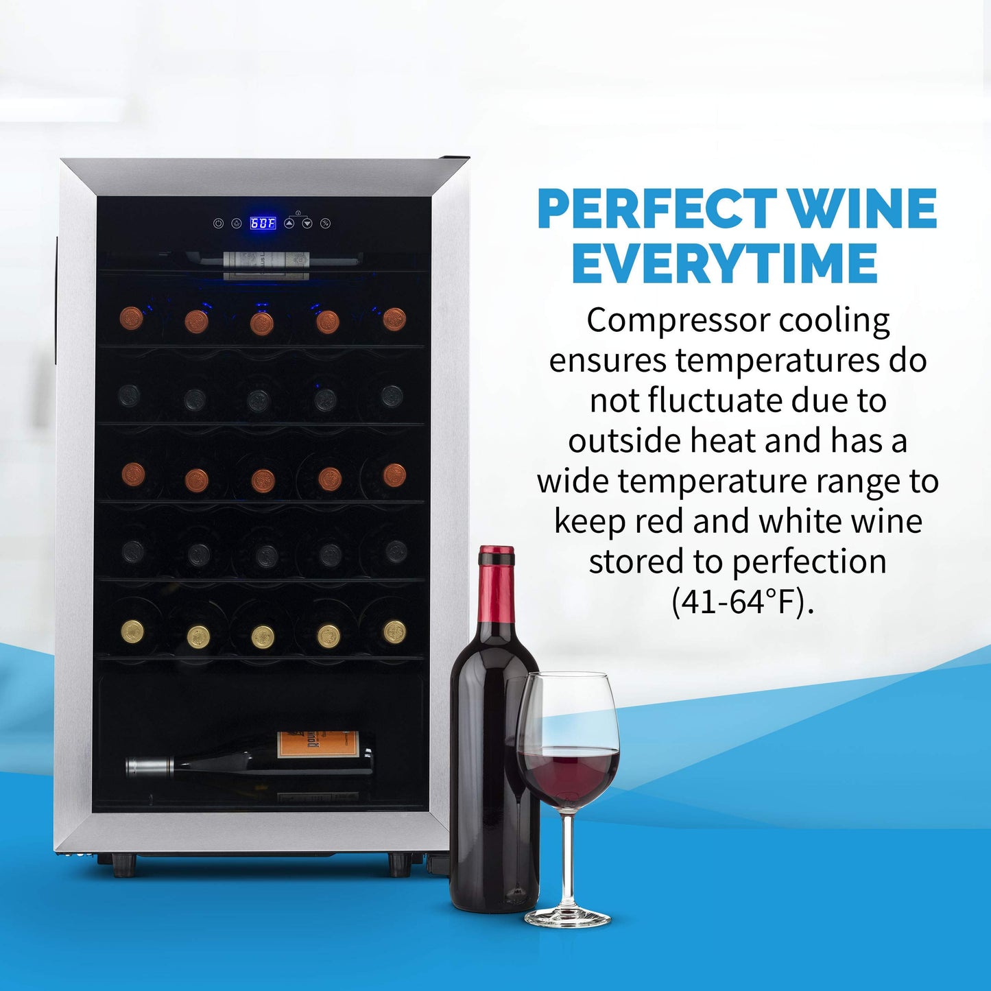 NewAir 33 Bottle Wine Fridge, Freestanding or Built-In Refrigerator, Stainless Steel Cooler, UV Protected Glass Door with Recessed Handle, Digital Thermostat
