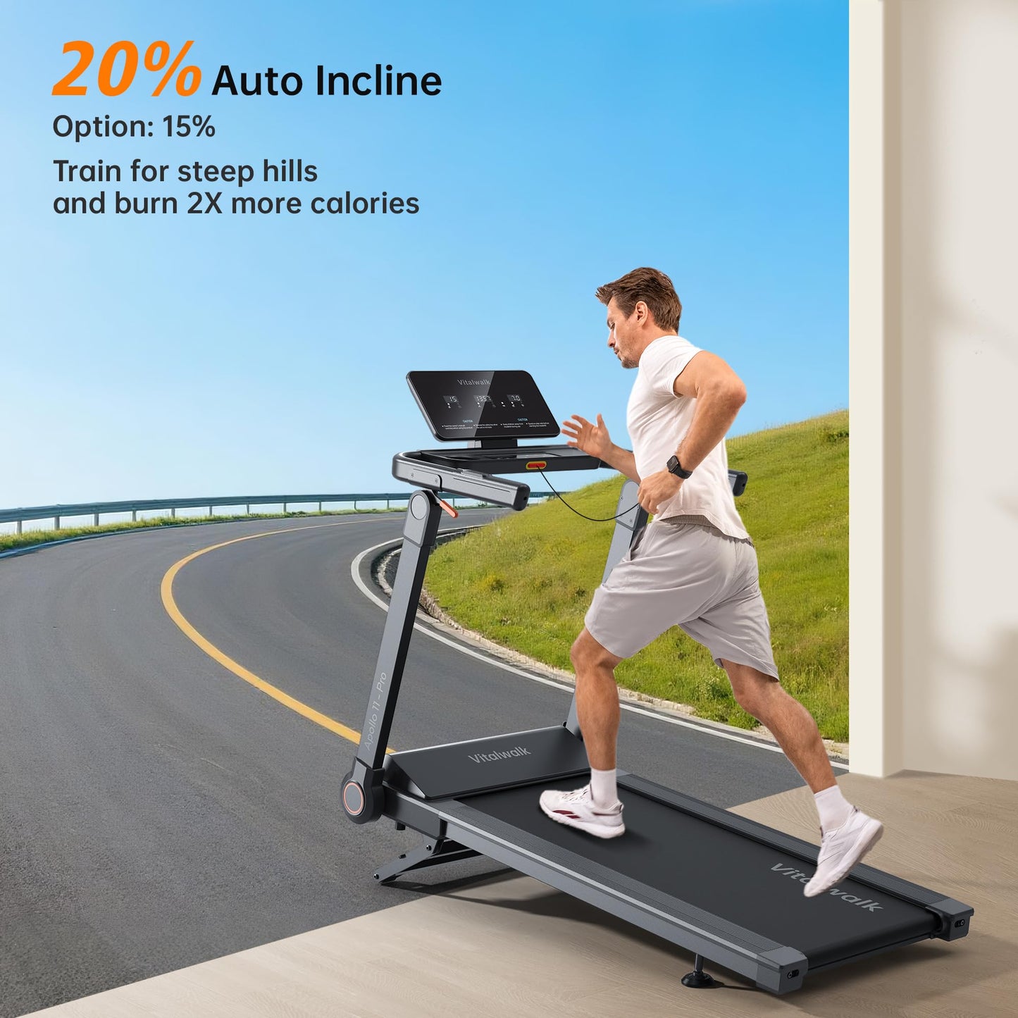 Vitalwalk Foldable Treadmill with Auto Incline, 48"x18" Wide Running Belt, 10MPH, 3.5HP Brushless, Walking Pad Treadmill for Home, Auto Folding, No Installation, 350LBS Capacity, APP, 15% Auto Incline