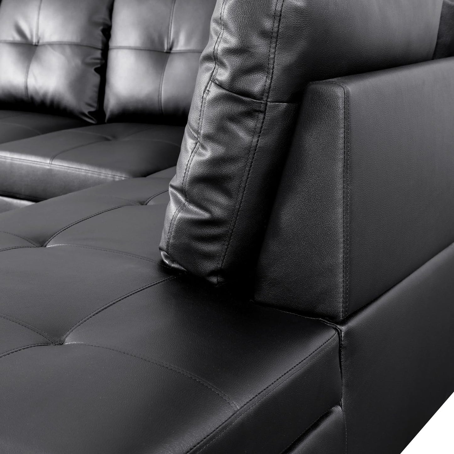 UOCFYK Sectional Sofa Couch with Right Chaise, Faux Leather L Shaped Couches for Living Room, Office, Apartments, Small Space, Black