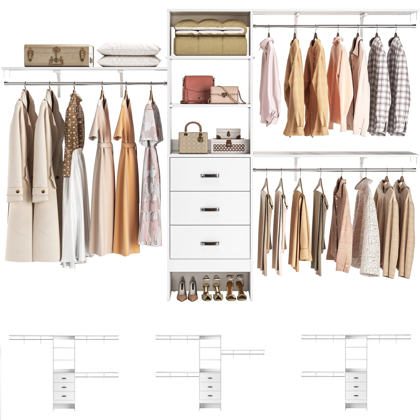Armocity 120 Inches Closet System, 10FT Walk In Closet Organizer with 3 Shelving Towers, Heavy Duty Clothes Rack with 3 Drawers, Built-In Garment Rack, 120" L x 16" W x 75" H, Max Load 1300 LBS, White