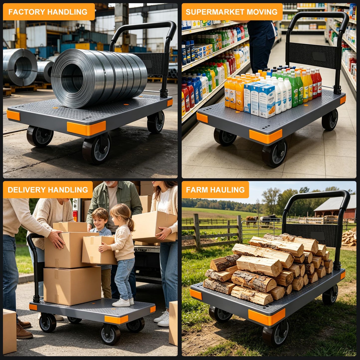 WUD Push Cart, Folding Mobile Platform Trolley,Thickened and Reinforced, 360° Swivel Wheels,35.4 “L x 23.6 ”W, 1323 lb.Grey Dolly cart with Wheels