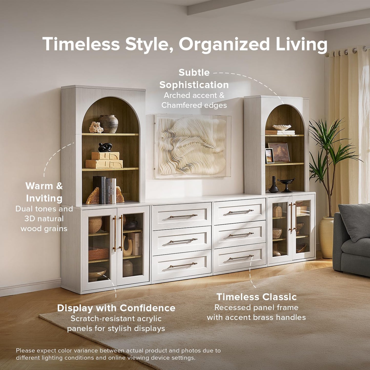 mopio Blake 4 Piece Entertainment Center with Storage, Modern Farmhouse Modular Storage Cabinet Dresser TV Stand for up to 65" TVs, Side Display Case (White Oak, 4 Units + Hutch)