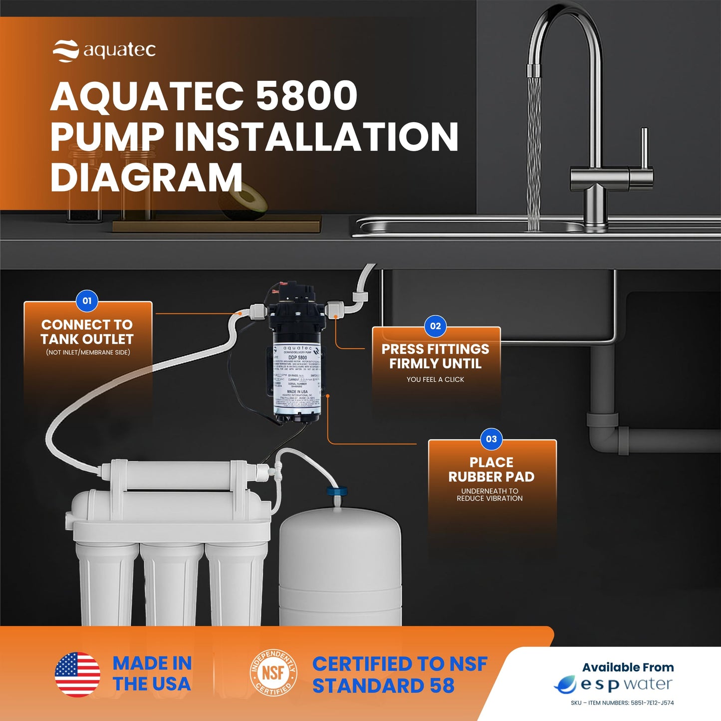 Aquatec DDP 5800 RO Delivery Demand Pump, 0.7 GPM, 3/8-Inch Quick Connect, 120V – High Flow Rate, Durable, Compact, Quiet, Compatible with Most Tank-Based Reverse Osmosis Systems 5851-7E12-J574