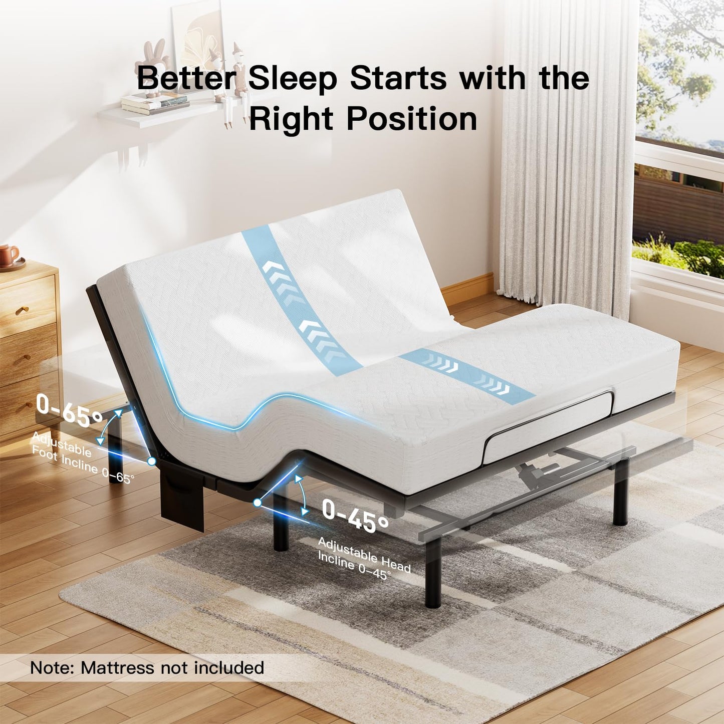 Pipishell Twin XL Adjustable Bed Frame, Electric Bed Base with Head & Foot Incline, USB-A & USB-C Ports, LED Under-Bed Lighting, 4 Leg Height Options, and Easy 3-Step Assembly