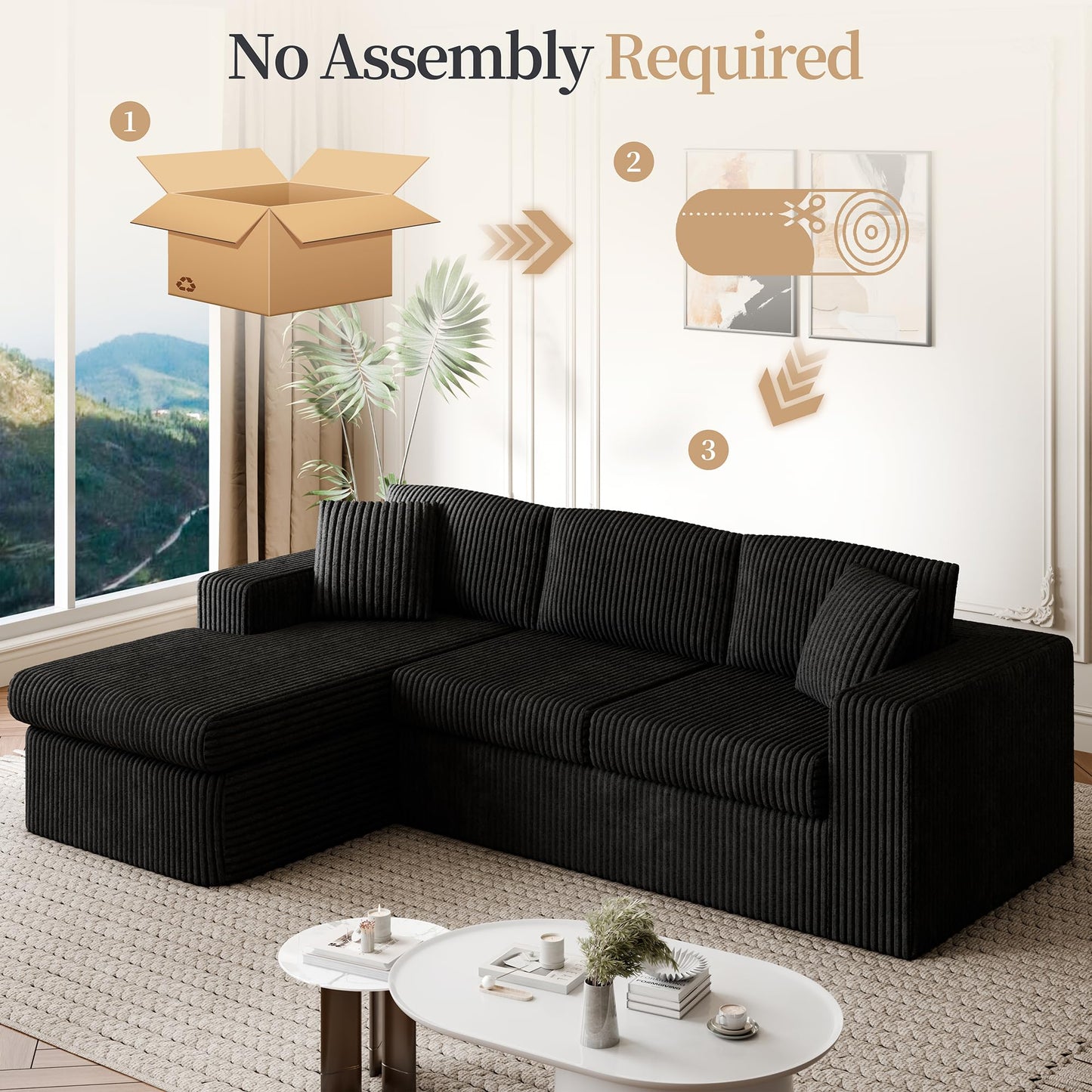 Vongrasig 105" Boneless Couches for Living Room, Sectional Couches Modular Sofa with L-Shaped Chaise, Memory Foam Comfy Cloud Couch with Plush Corduroy Fabric, No Assembly Required, Black