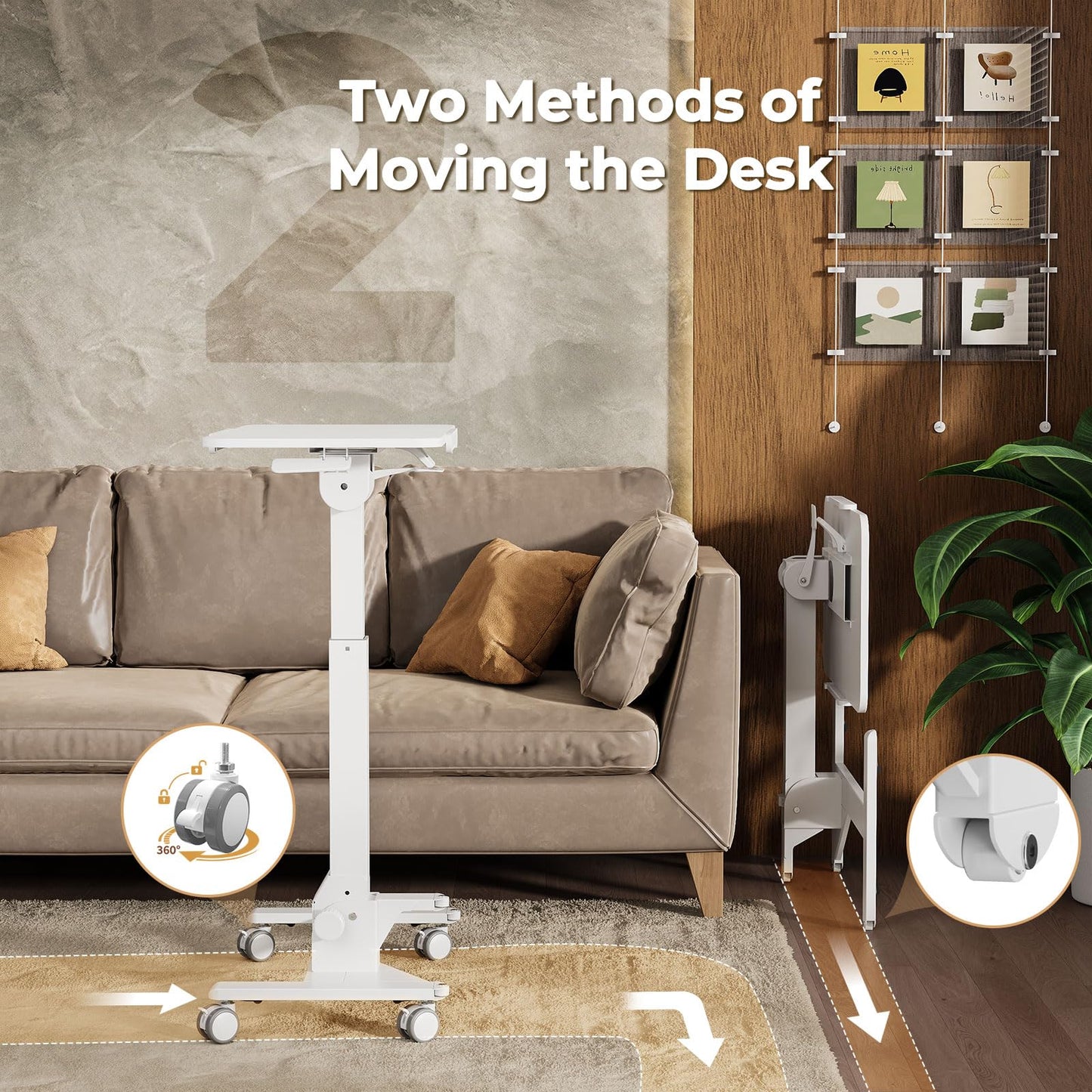JOY worker Foldable Mobile Standing Desk, 180° Tiltable Overbed Bedside Table with 4 Lockable Wheels, 31.5" Height Adjustable Rolling Laptop Desk for Home & Hospital Use, Easy Storage, White