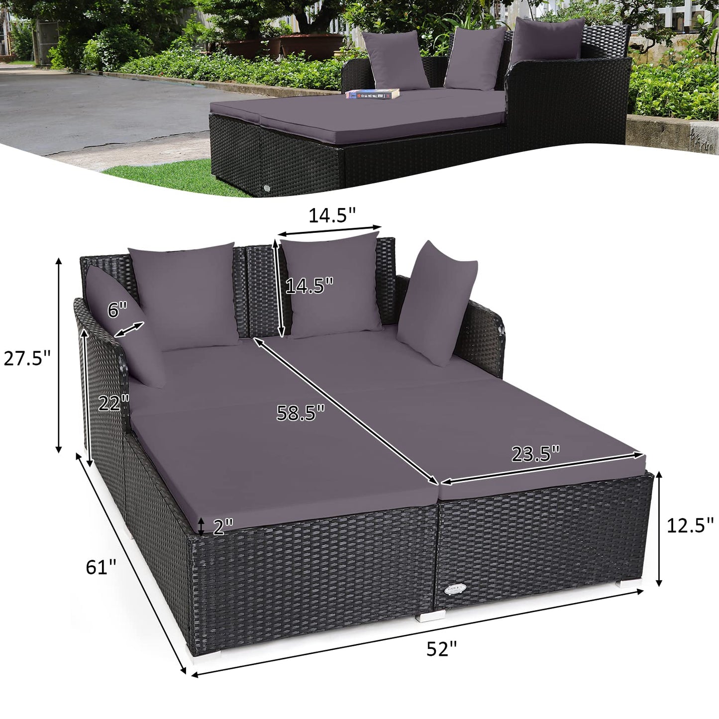 Tangkula Outdoor Rattan Daybed, Sunbed Wicker Furniture w/Spacious Seat, Upholstered Cushion & High-Resilience Sponge, Wicker Patio Sofa Set w/Extra Pillows for Courtyard Poolside (Grey)