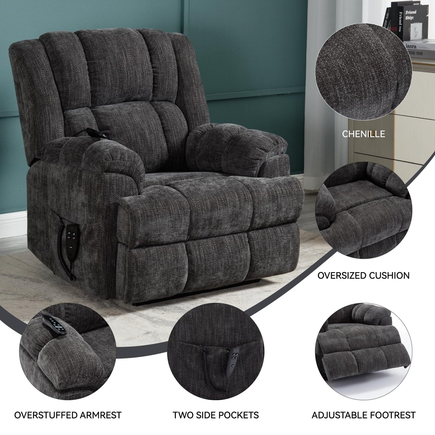 GDFStudio Dual Motor Power Lift Recliner Chair with Massage and Lumbar Heat, Heavy Duty Electric Reclining Chair with Remote Control, Supports Up to 350 LBS, Grey