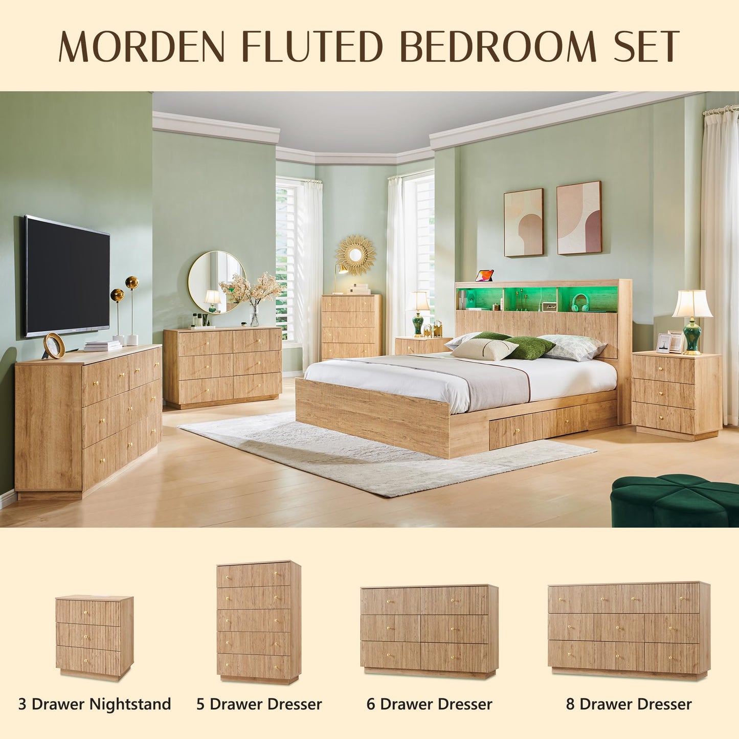 Fluted 8 Drawers Dresser for Bedroom, 55" W Modern Dressers & Chest of Drawers with Metal Handle, Wood Closet Clothes Storage Organizer,Storage Dressers Organizer for Hally/Living Room, Natural