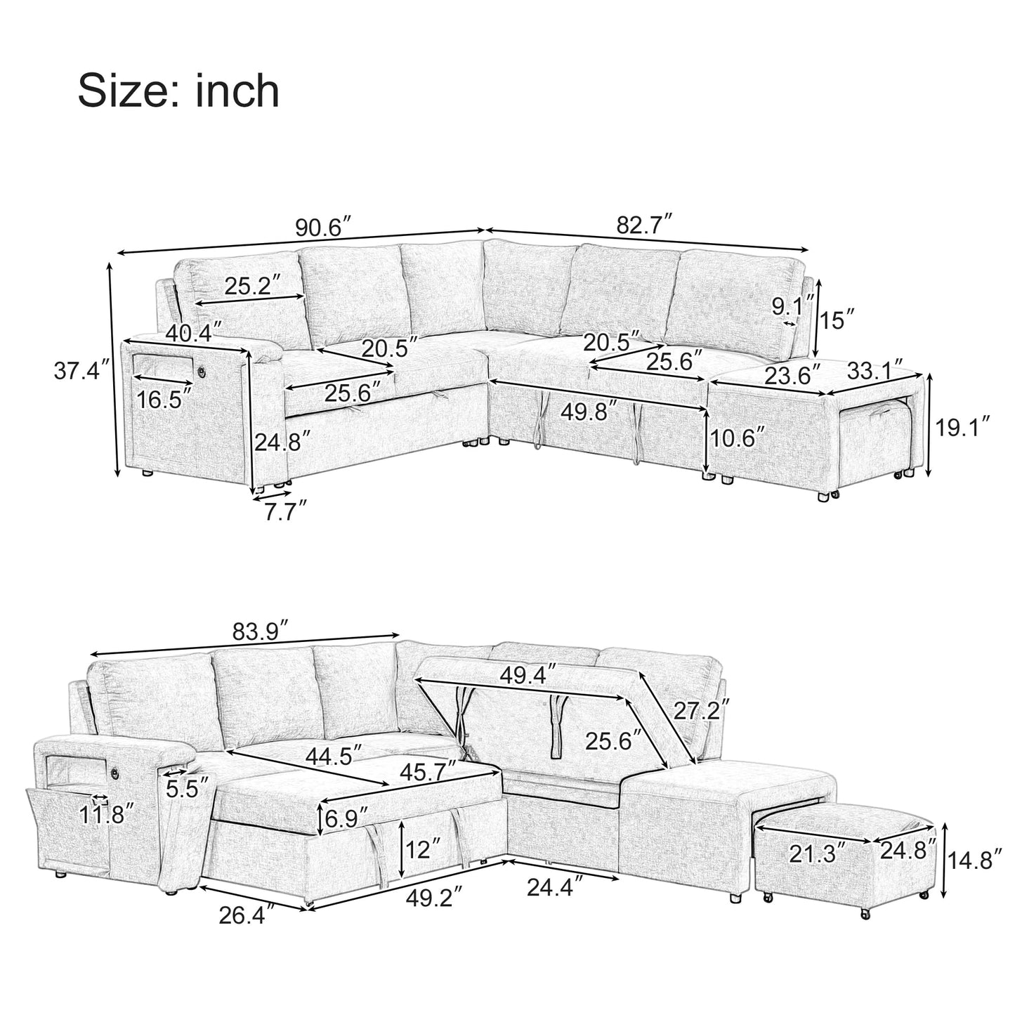 Merax L-Shaped Modular Sofa with Removable Storage Ottoman, USB Ports and Cup Holder, Upholstered Sectional Couch & Armrest, Free Combination Indoor Furniture for Living Room, Apartments, Beige