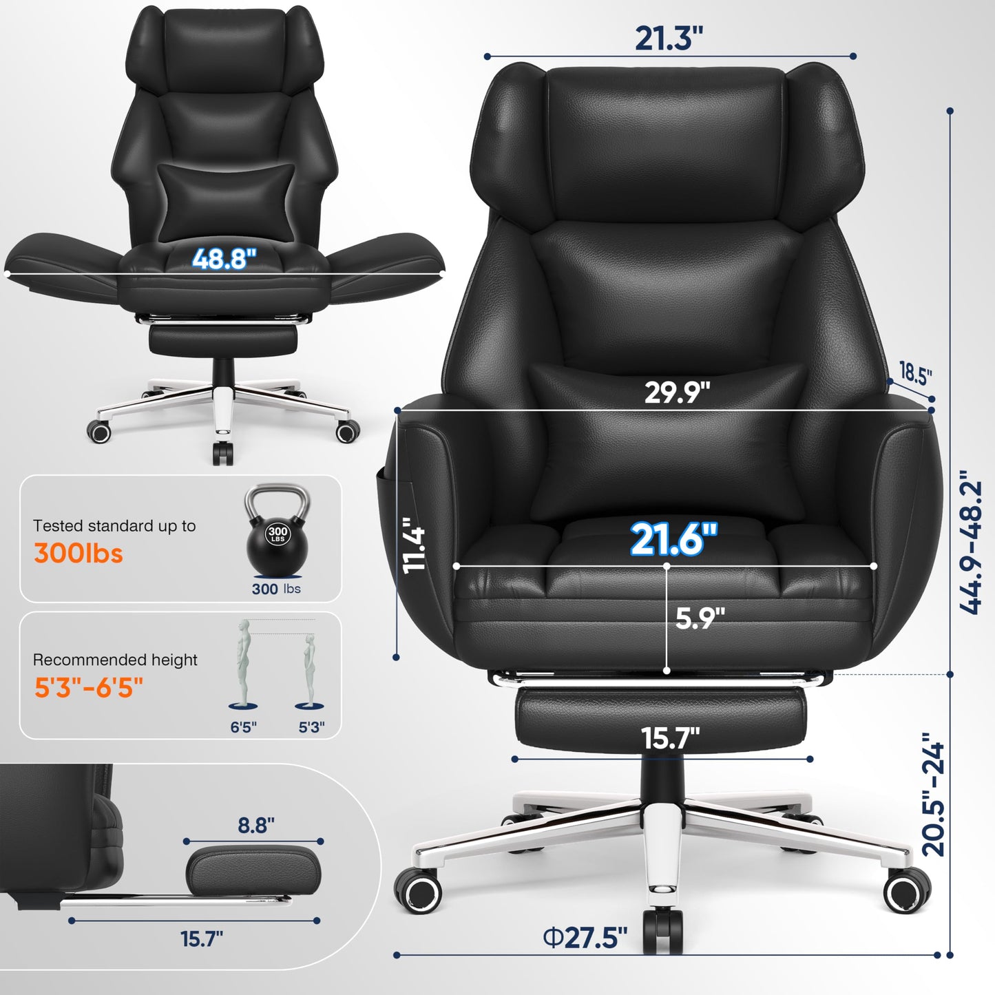 GABRYLLY Ergonomic Chair with Footrest – Wide Cross Legged Chair with Reversible Armrests, 120°Tilt, Lumbar Support,Heavy-Duty Base, Big and Tall Executive Chair Plus, Black, GY82766