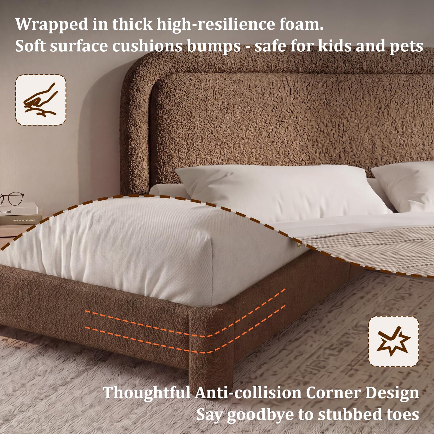 Vipbear Boucle King Size Bed Frame with Adjustable Headboard, Upholstered Cloud Platform Bed Frame with Wood Slats, Noise-Free King Bed, No Box Spring Required, Easy Assembly, Sand Brown