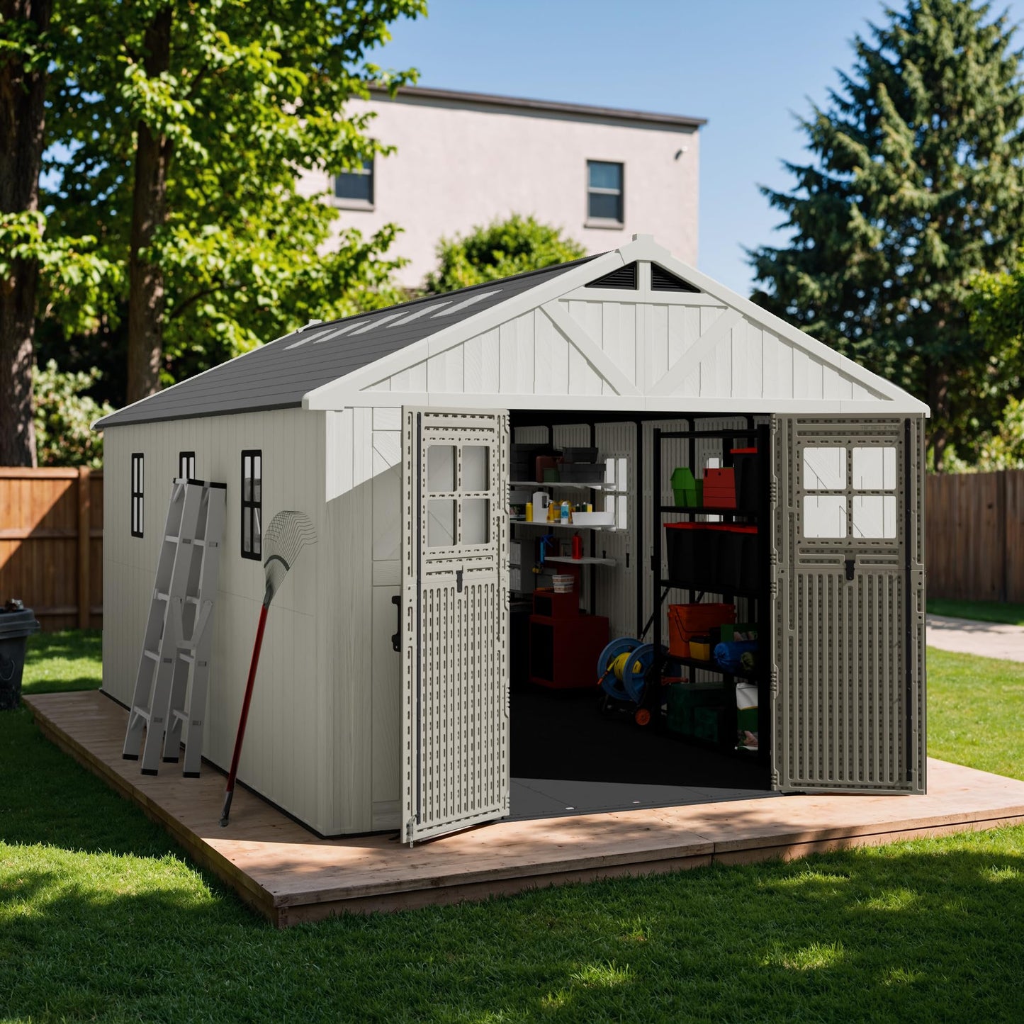Devoko 10x16 FT Resin Outdoor Storage Shed with Floor, Plastic Tool Garden Shed with Windows & Lockable Door, Beige