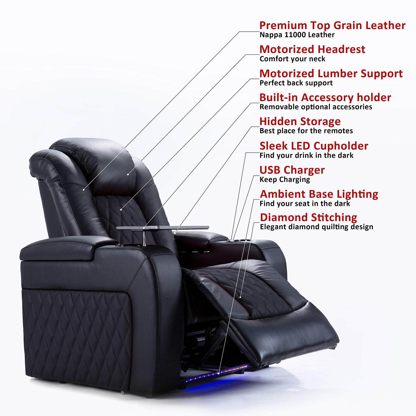 Valencia Tuscany Home Theater Seating | Premium Top Grain Italian Nappa 11000 Leather Power Recliner with Power Lumbar Support & Headrest (Single Recliner, Charcoal Grey)
