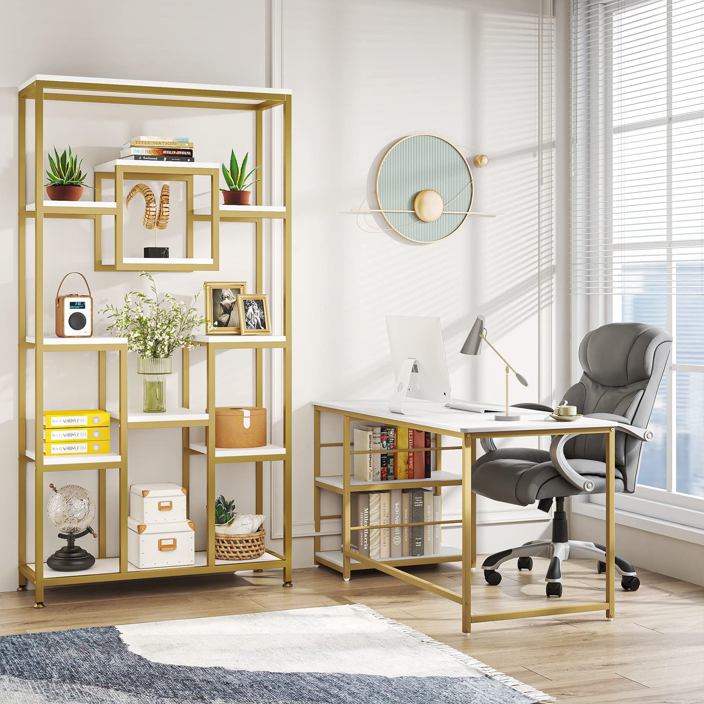 LITTLE TREE 71" Tall Bookshelf, Large Open Display Shelf, Geometric Cubed Bookcase, Modern Book Shelf with Storage Shelves for Office, Living Room, Bedroom, Gold & White