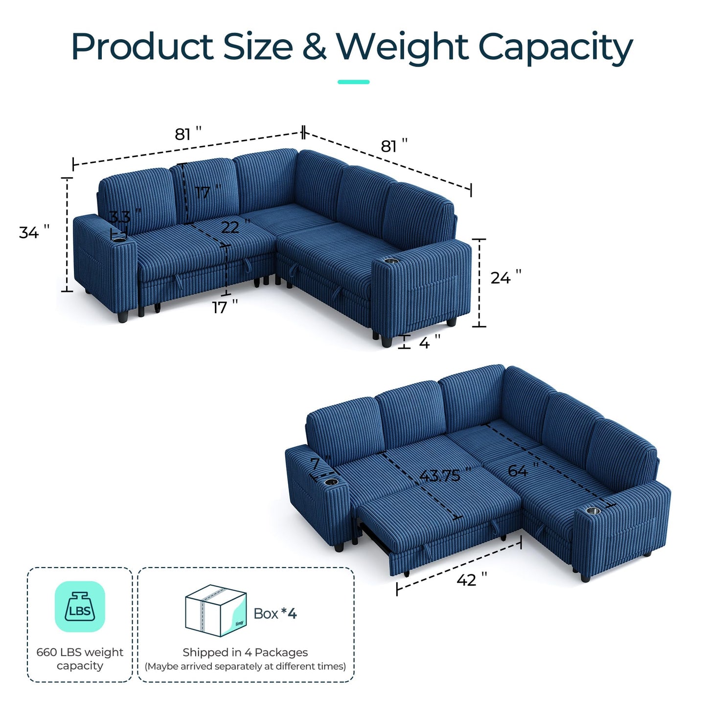 LINSY HOME Sleeper Sofa Bed with Pull Out Couch Modular Sectional Sofa (Blue, Sleeper Sofa 2) | Pull Out Sofa Bed, USB Charging, Cup Holders, Plush Corduroy, Storage