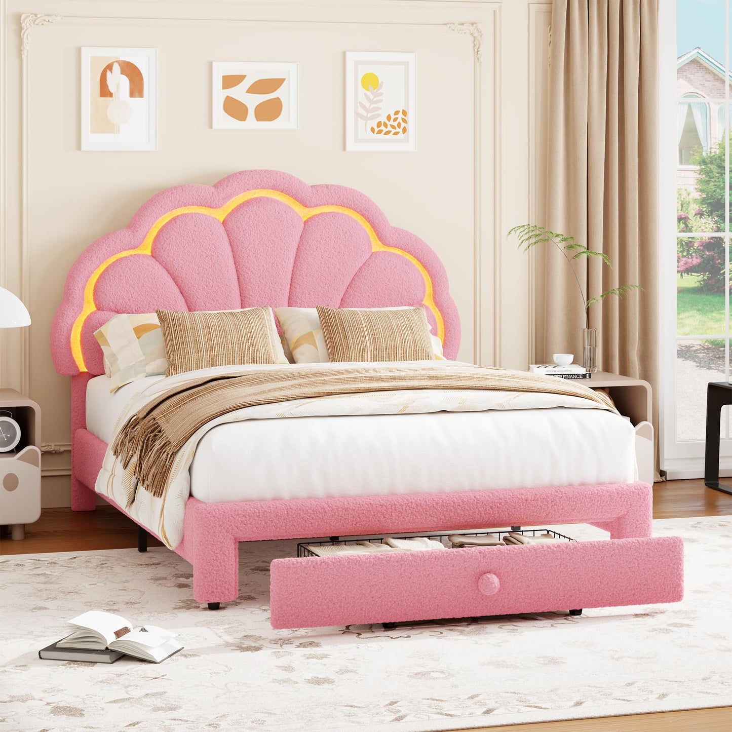 Garvee Full Upholstered LED Bed Frame - with Storage Drawer and Adjustable Chic Headboard, Berber Fleece Princess Platform Bed for Kids, Wood Support, No Box Spring Needed, Easy Assembly, Pink