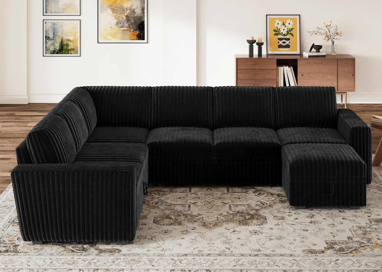HONBAY Modular Sectional Sleeper Sofa with Pull Out Bed,Corduroy U Shaped Couch with Storage, Sectional Couches for Living Room,Black