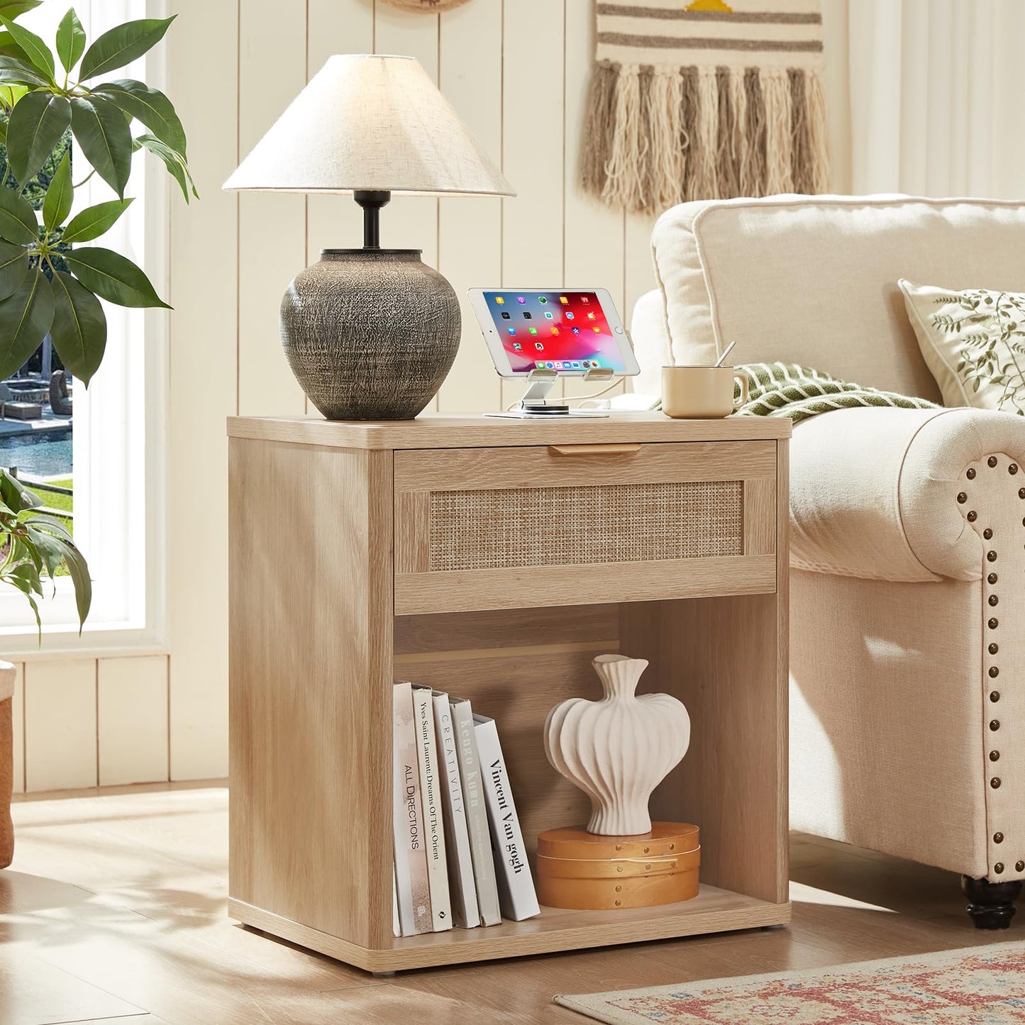 LEYAOYAO Rattan Nightstands Set of 2 with Charging Station, 23" Wide Boho Night Stand with Drawer, Natural Wood Bedside Table Open Cabinet, Bed Side End Table Dresser for Bedroom, Living Room, Hallway
