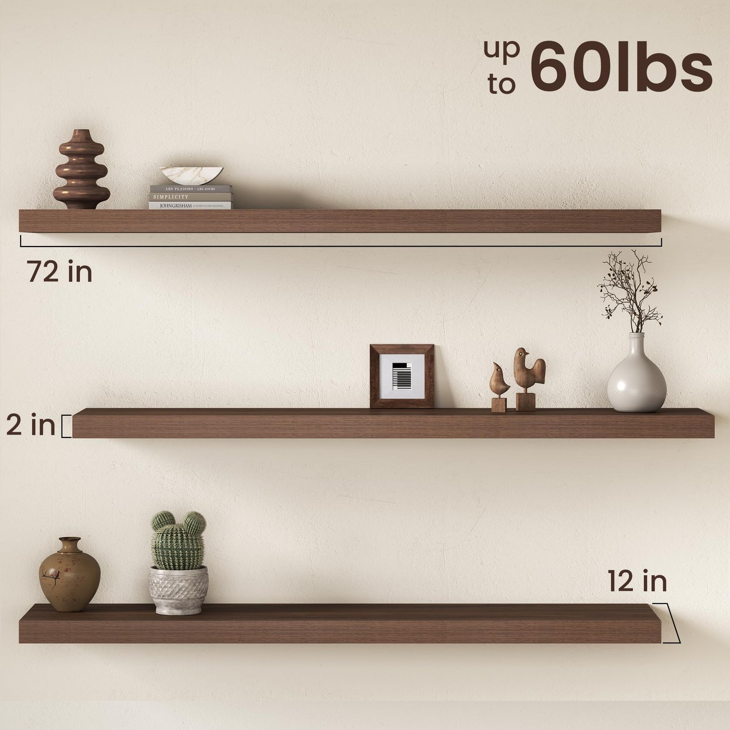 Fun Memories 72 Inch Floating Shelves, 12 Inch Deep Wall Shelf for Fireplace Mantel, Deep Storage Shelves for Home & Office, Long Floating Shelf with Invisible Bracket, Walnut, Set of 2