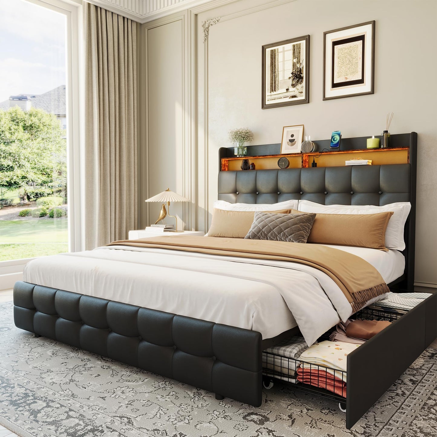 Full Size Upholstered Bed Frame with LED Headboard, 2 Storage Drawers, Charging Socket and USB Port, Soft Fuzzy Soft, Noise-Free Metal Platform for Bedroom, No Box Spring Needed, Natural Wood Shelf
