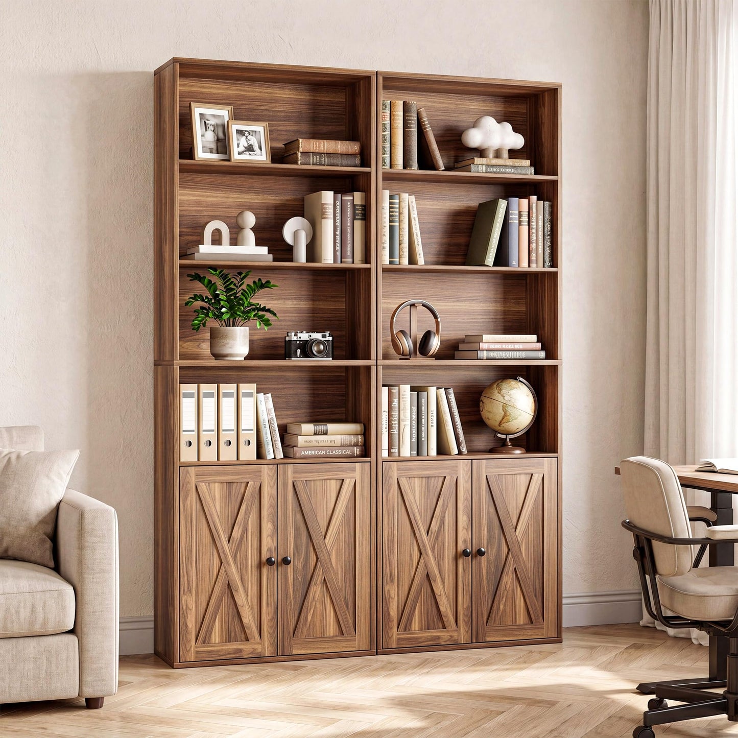IRONCK Industrial Bookshelves and Bookcases with Doors Set of Two Floor Standing 6 Shelf Display Storage Shelves 70 in Tall Bookcase for Home Office, Living Room