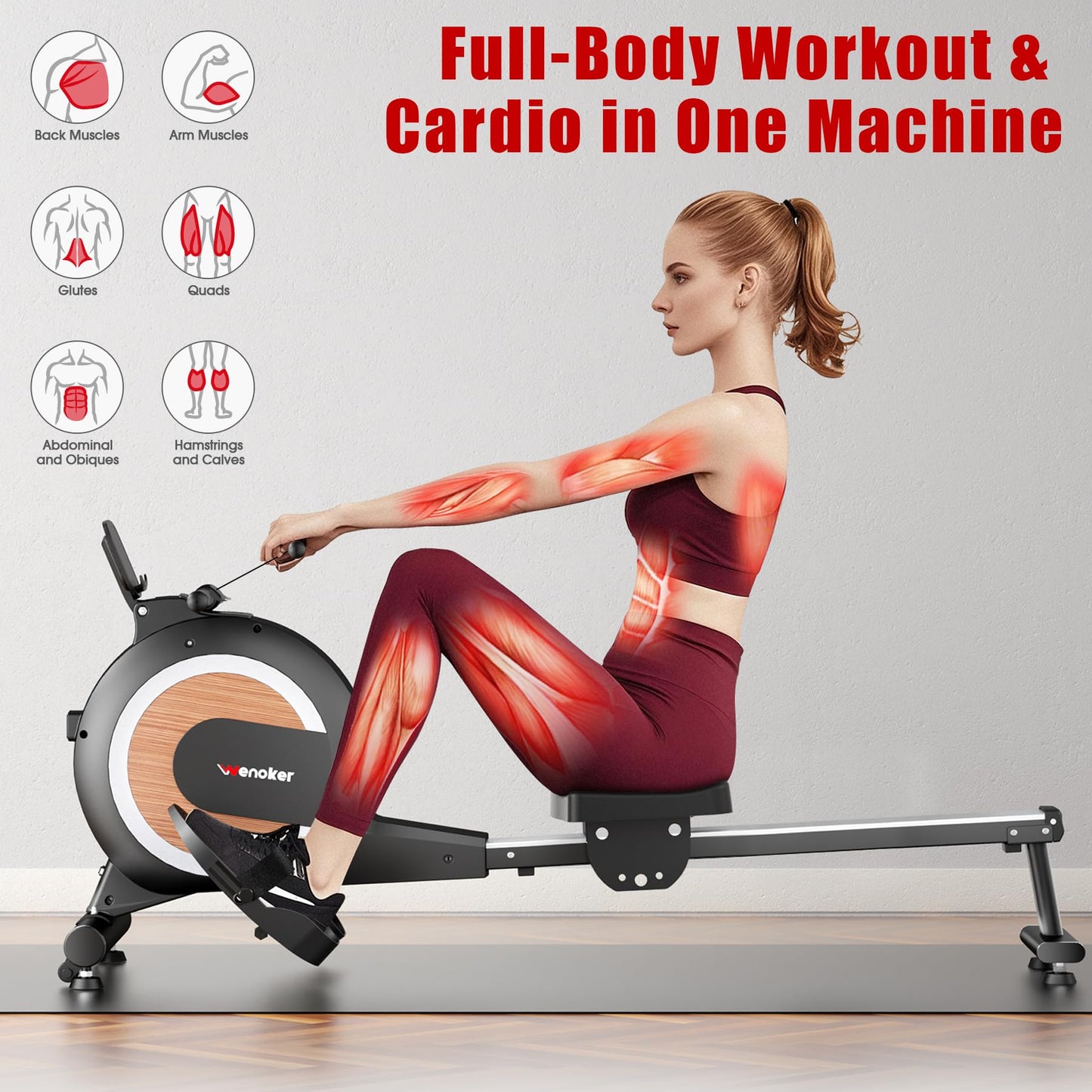 Wenoker Rowing Machine for Home, Magnetic Rower Machine, 350 LB Weight Capacity, 16-Level Silent Resistance Row Machine for Gym Exercise Full-Body Workout Compact Rower with LCD Monitor Tablet Holder