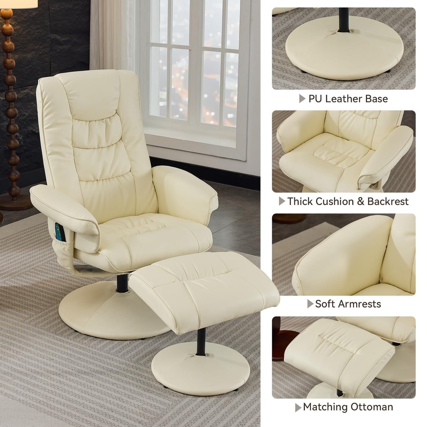 KEIKI Swivel Reclining Chair with Ottoman, High Backrest,5-Point Vibration Massage & Heated Seat,PU Leather Upholstered Armchair Lounge Sliding Chairs Set for Living Room Bedroom Office,Beige