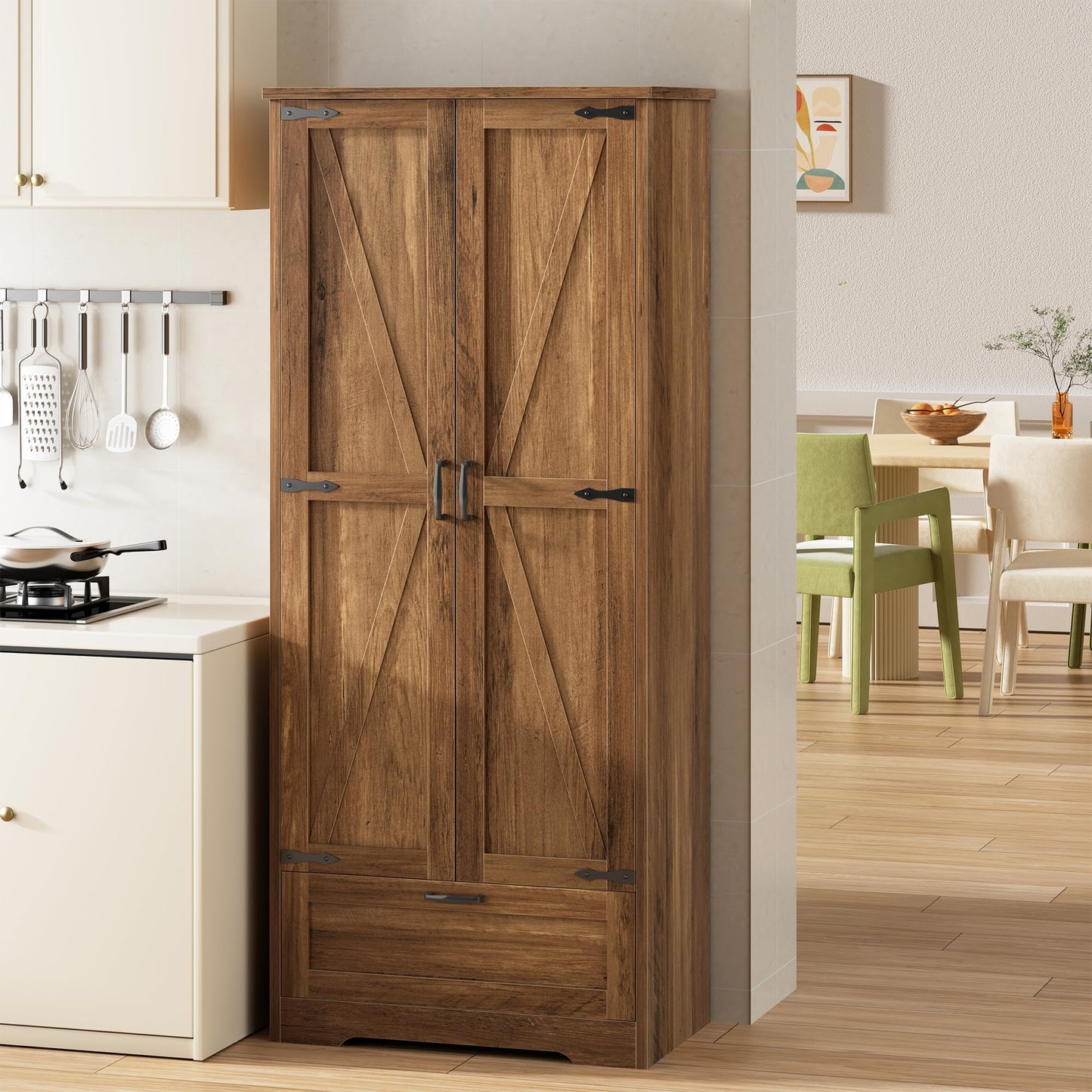 Shintenchi Kitchen Pantry Cabinet, Freestanding Farmhouse Storage Cabinet with 4 Shelves and 1 Drawer, Tall Cupboard for Kitchen, Living Room, Dining Room and Bathroom, Rustic Brown
