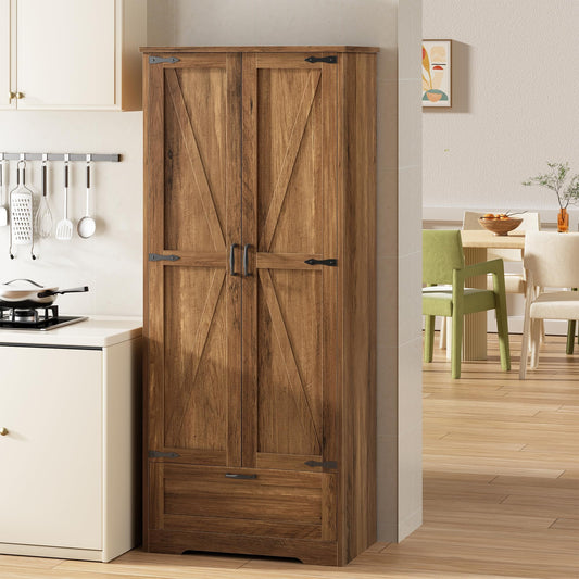 Shintenchi Kitchen Pantry Cabinet, Freestanding Farmhouse Storage Cabinet with 4 Shelves and 1 Drawer, Tall Cupboard for Kitchen, Living Room, Dining Room and Bathroom, Rustic Brown