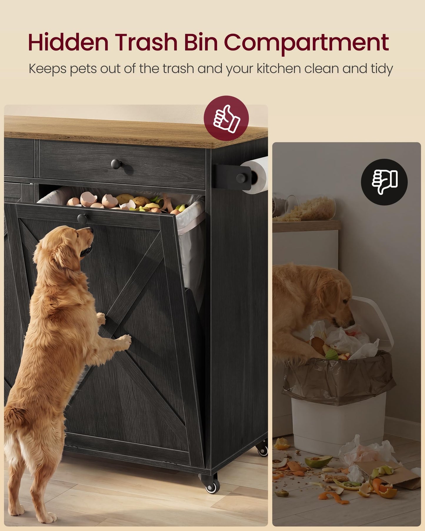VASAGLE Mobile Kitchen Island with Trash Can Storage, Drop Leaf, Portable Island with Spice Rack, Mobile Cart with Storage Cabinet, for Dining Room, Ink Black and Honey Brown UKKI014BJ01S