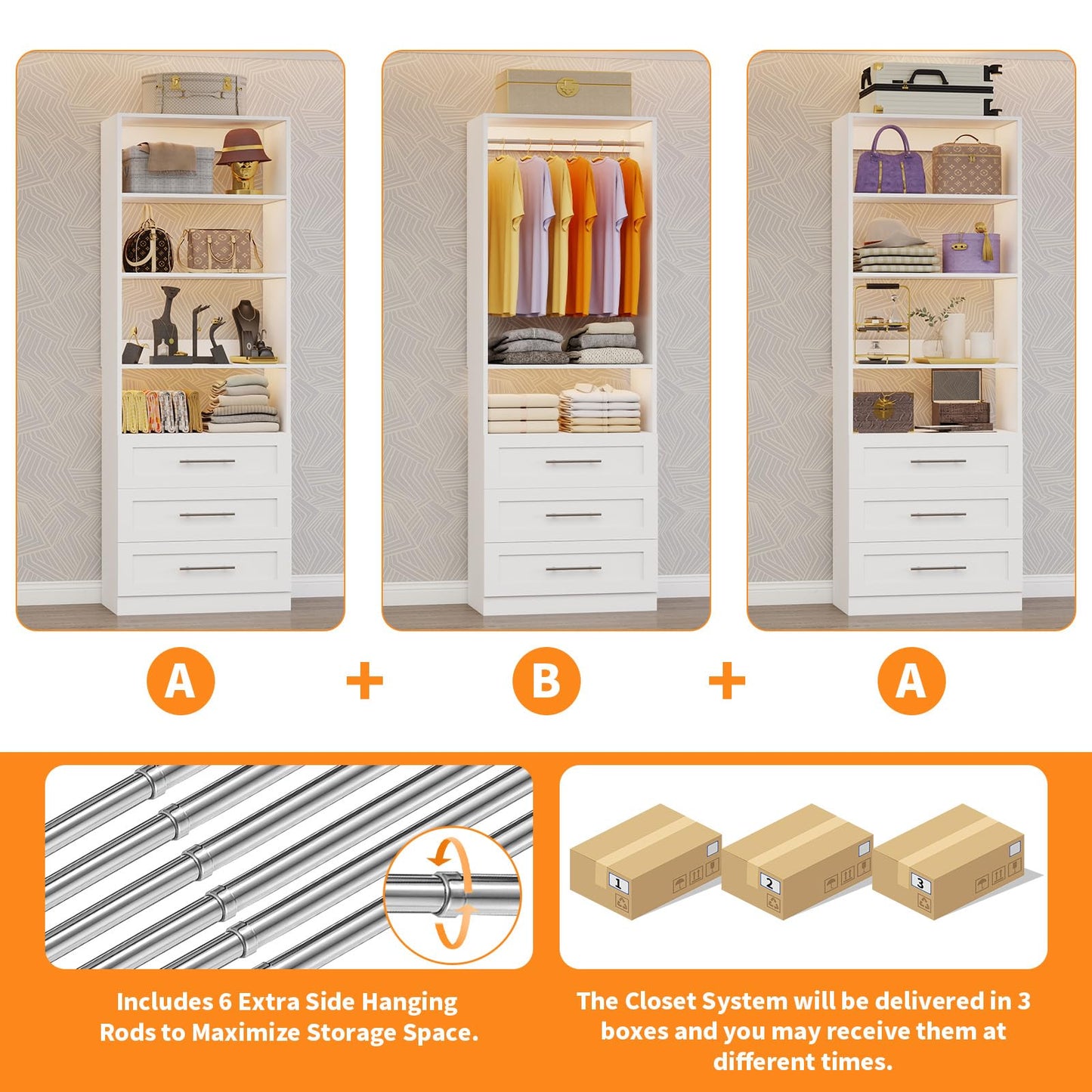 Closet System with 3 Sets, 6–20 FT Closet System with 9 Drawers, 9 Shelves & 7 Adjustable Hanging Rods, Max 244.3" Closet Organizer Systems for Walk-in Closets, Modular Custom Closet Tower, White