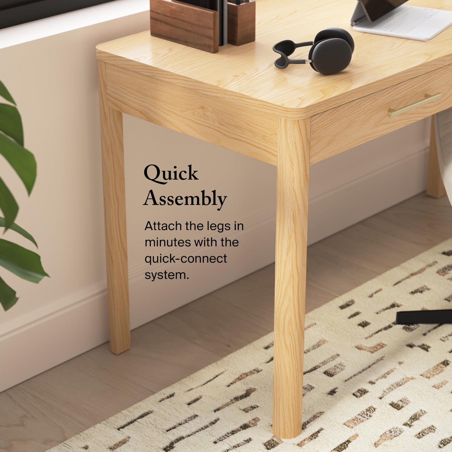 Bush Home Vera 54W Writing Desk with Upholstered Barrel Office Chair, Home Office Furniture, Vera Collection, Natural White Oak and Light Cream Fabric