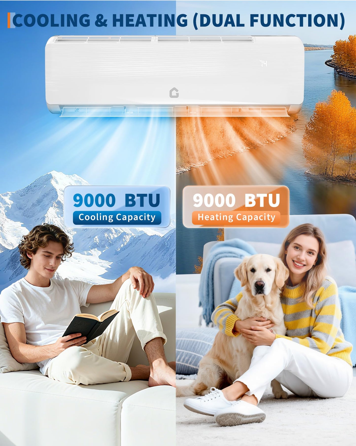 GarveeTech 9000 BTU Mini Split Air Conditioner - 19 SEER2 Ductless Inverter AC with 208-230V, Cools Up to 450 Sq. Ft, Built-in Heat Pump System, White