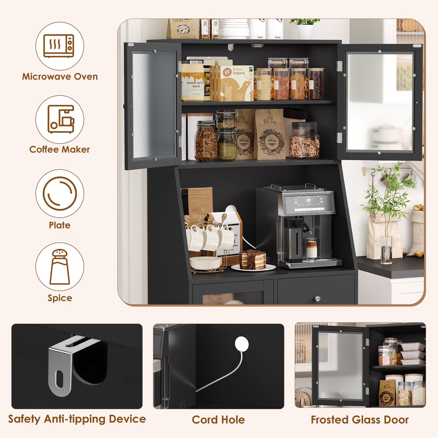 BOTLOG 64'' Kitchen Pantry Storage Cabinet, Tall Kitchen Storage Cabinet with Microwave Stand, Hutch Cabinet with Adjustable Shelves, for Dining Room, Black