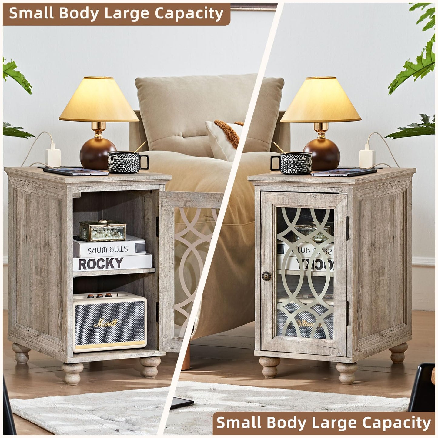 Joaxswe Narrow Side Table with Charging Station Set of 2, Night Stand with Glass Door,Bedside End Tables with Adjustable Shelf Storage Cabinet,Wood Nightstand for Small Spaces Living Room Bedroom