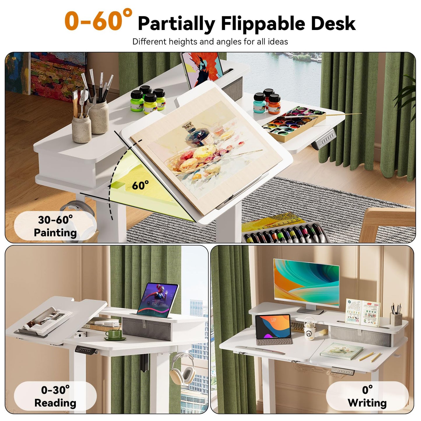 40 Inch Standing Desk, 60° Tiltable Electric Drafting Table Height Adjustable, Foldable Mobile Rising Desk with Drawer, Storage Shelf, Flippable Art Table on Wheels for Kids’ Drawing, White