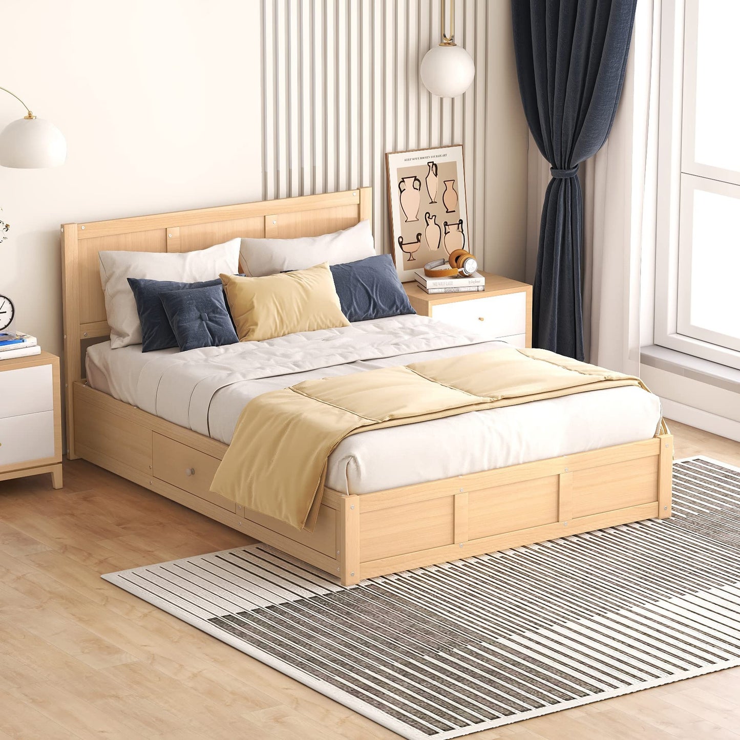 Brisca Full Size Platform Bed with Underneath Storage and 2 Drawers,Solid Wood Bed Frame W/Wood Slats Support,for Apartment,Bedroom,Guest Room,Wood