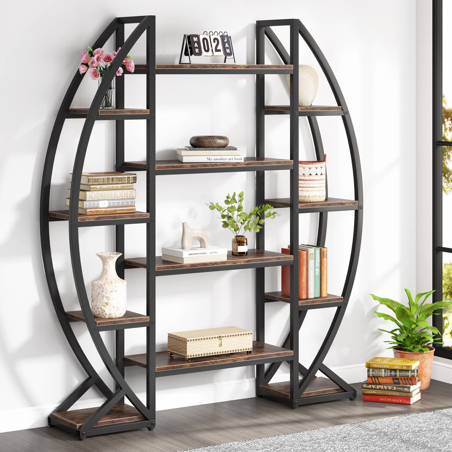 Tribesigns Oval Bookshelf, Triple Wide 5 Tier Etagere Bookcase, Industrial Display Shelves for Living Room (Brown, 55")