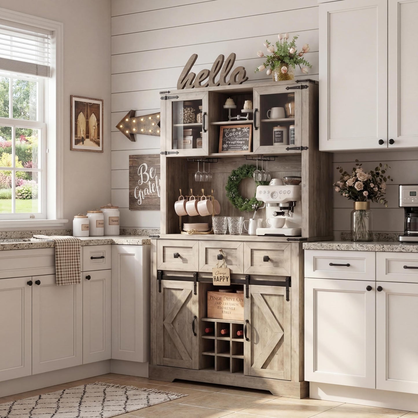 MegaChoice 72" Farmhouse Bar Cabinet with Sliding Barn Door, Tall Kitchen Buffet with Storage Hutch and 3 Drawer, Wine & Glasses Rack, Rustic Coffee Wine Bar Sideboard for Living Room