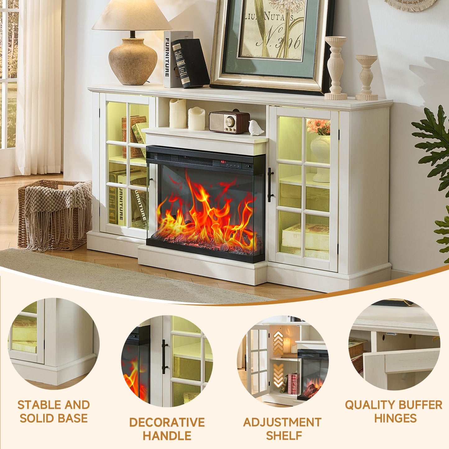 ROCKPOINT 3 Sided Glass 59" Fireplace TV Stand for TVs up to 65inch, Media Entertainment Center with Storage Cabinet,24" Electric Fireplace with LED Light and Flame Colors, White