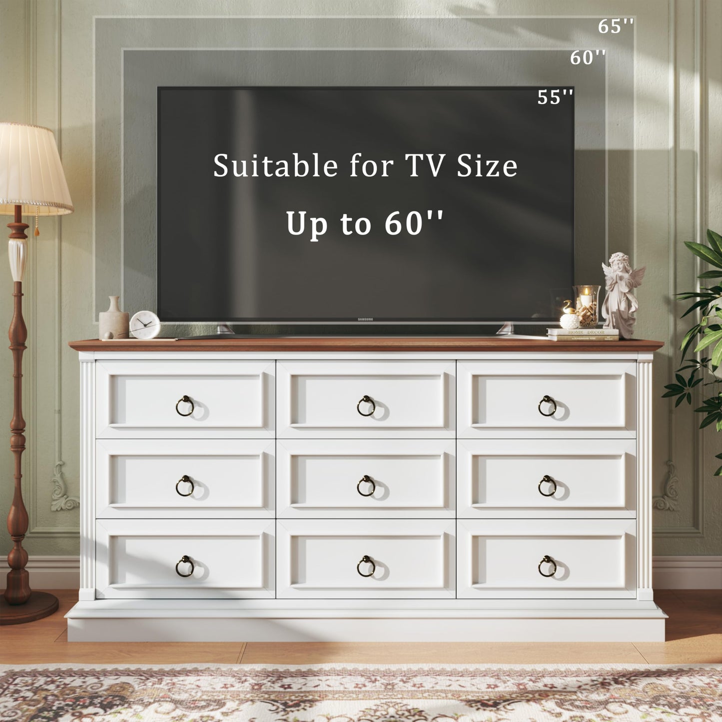 HUAHUU Farmhouse 9 Drawer Dresser for Bedroom, 60" Wide Chest of Drawers with Roman Column, Wooden TV Stand with Antique Bronze Circle Handles, Storage Organizer for Living Room, Hallway, White