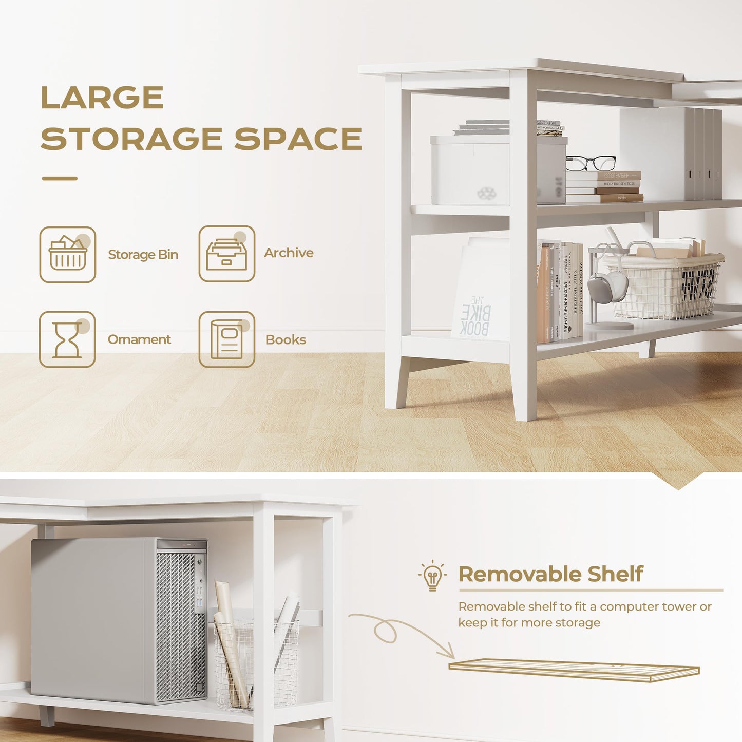 IOTXY Reversible L-Shaped Office Desk - 63" Extra Large Corner Computer Table with Storage Shelves, Solid Wood Legs, Home Writing & Study Workstation, White