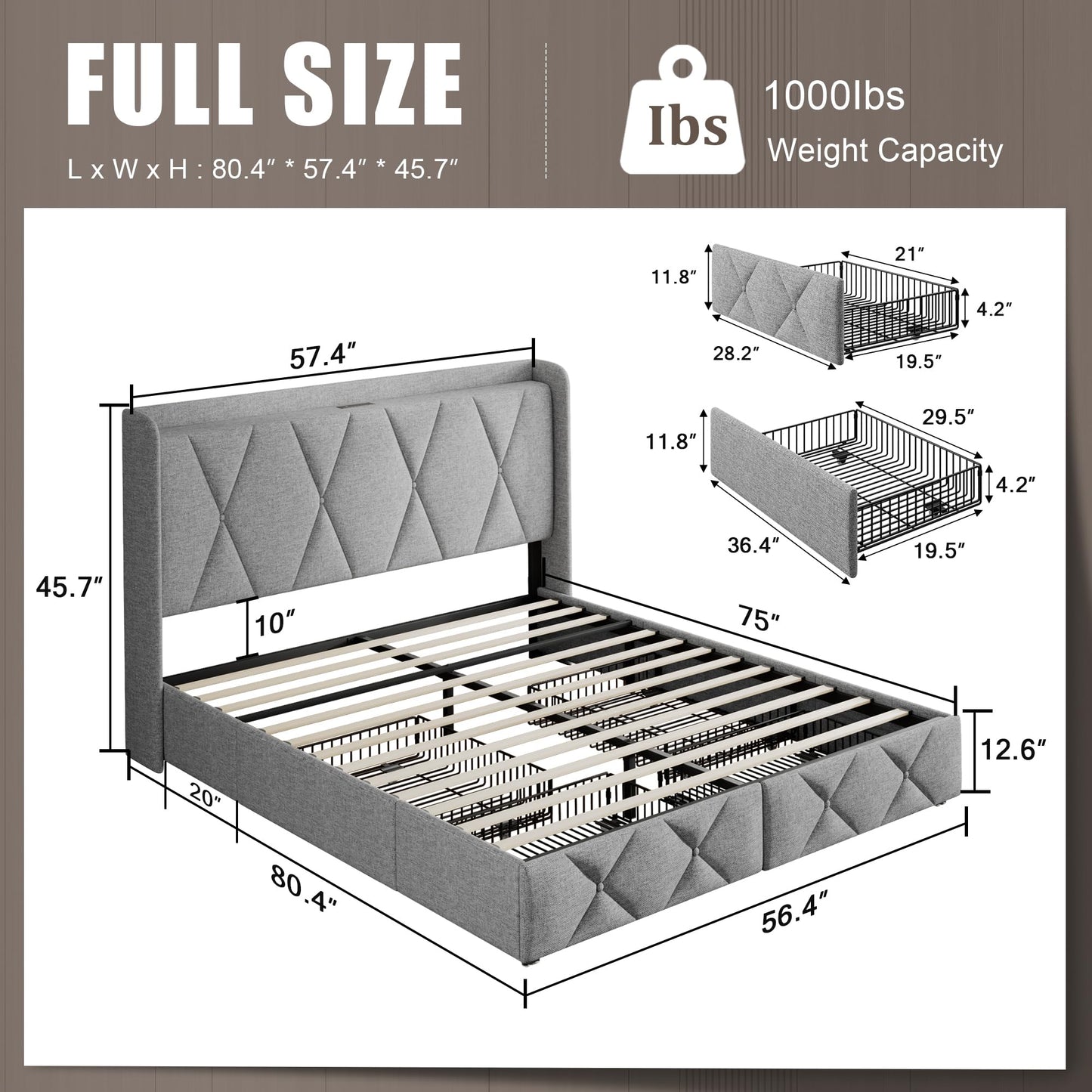 Einhomn Full Size Bed Frame with 4 Storage Drawers and Charging Station, Upholstered Platform Bed Frame with Storage Headboard, No Box Spring Needed, Easy Assembly, Light Grey