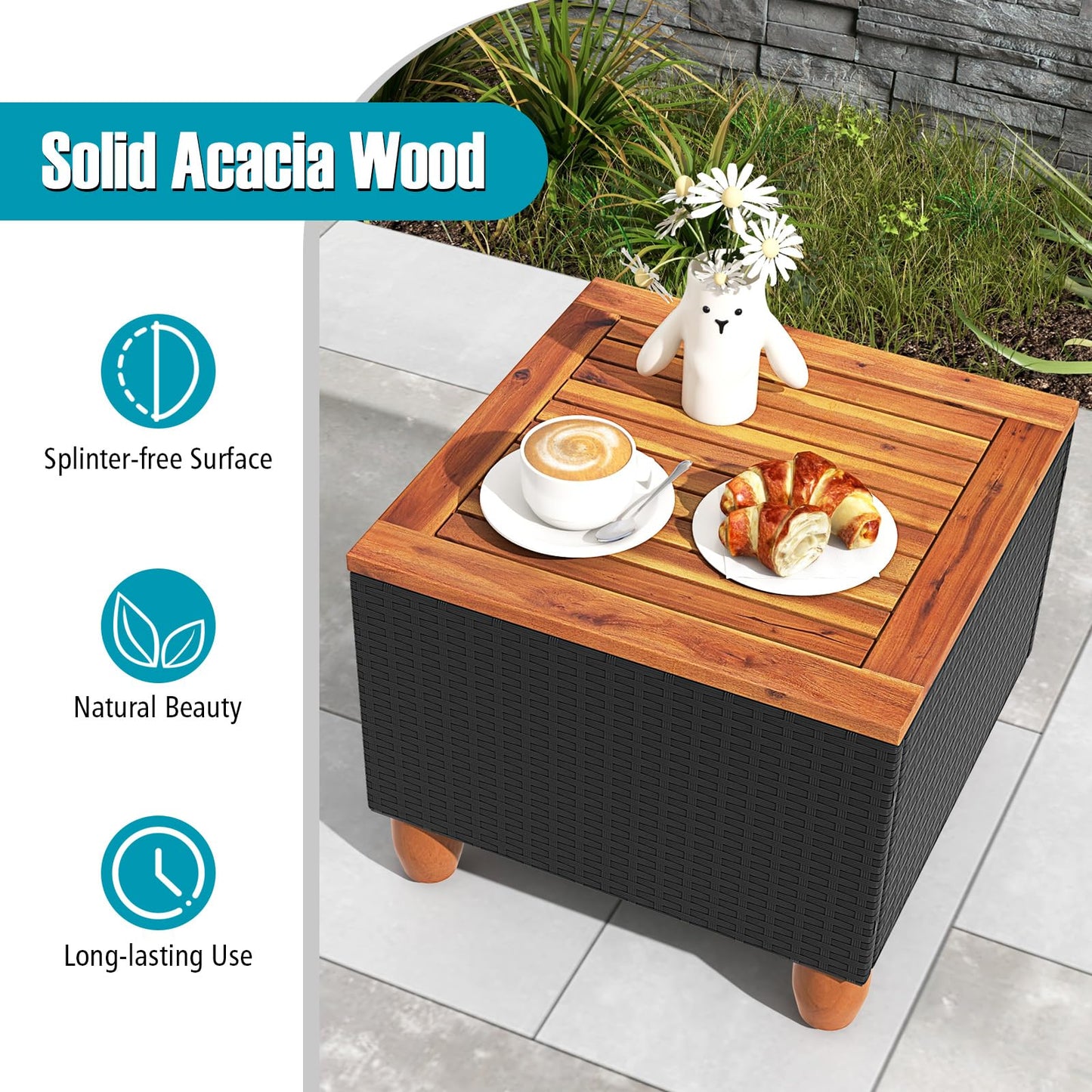 Tangkula 3 Pieces Patio Porch Furniture Set, PE Rattan Wicker Chair Conversation Set with Cushions and Storage Table, Outdoor Acacia Wood Bistro Set for Garden, Poolside (Turquoise)